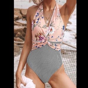 Floral and Striped Halter Swimsuit